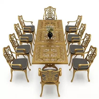 10 Kişilik alüminyum döküm masa sandalye takımı ferforje metal set Renk Gold Altın