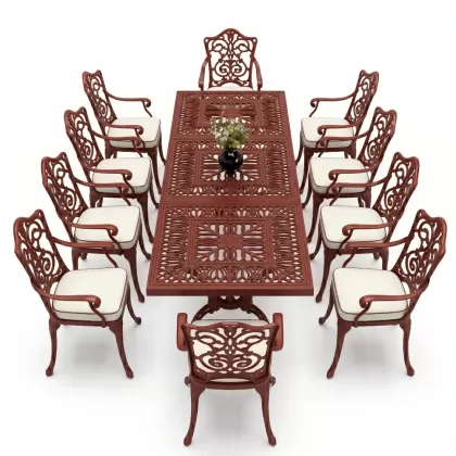 10 Kişilik alüminyum döküm masa sandalye takımı ferforje metal set Renk Kiremit Kırmızı