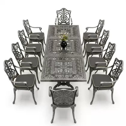 10 Kişilik alüminyum döküm masa sandalye takımı ferforje metal set Renk Silver Gümüş