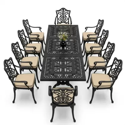 10 Kişilik alüminyum döküm masa sandalye takımı ferforje metal set Renk Siyah