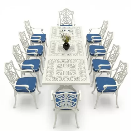 10 Kişilik alüminyum döküm masa sandalye takımı ferforje metal set Renk Beyaz