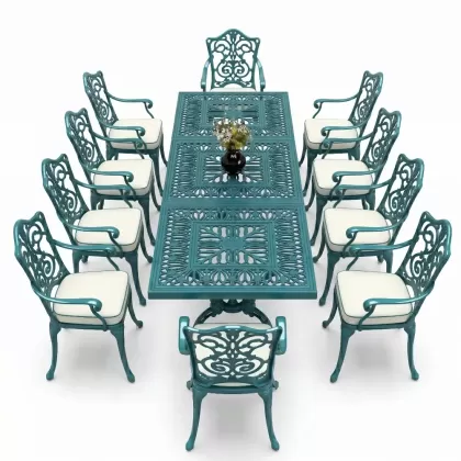 10 Kişilik alüminyum döküm masa sandalye takımı ferforje metal set Renk Turkuaz