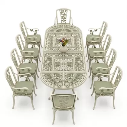 10 Kişilik alüminyum döküm masa sandalye takımı ferforje metal set Renk Yeşil Patina