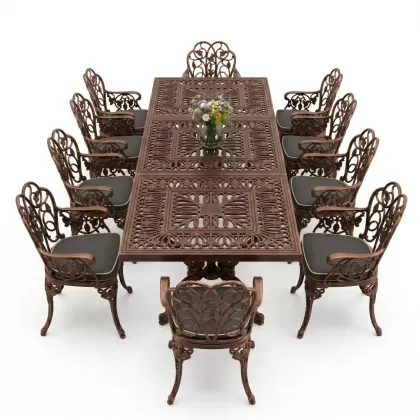 10 Kişilik alüminyum döküm masa sandalye takımı ferforje metal set Renk Bakır Eskitme