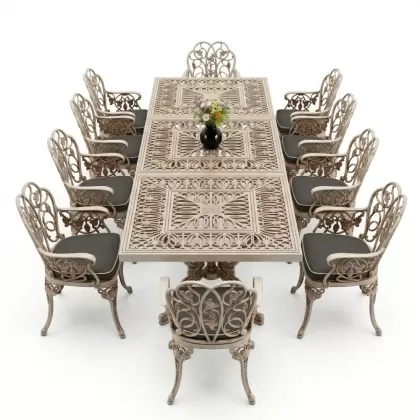 10 Kişilik alüminyum döküm masa sandalye takımı ferforje metal set Renk Beyaz Eskitme