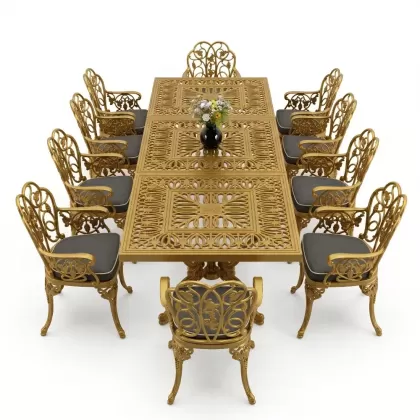 10 Kişilik alüminyum döküm masa sandalye takımı ferforje metal set Renk Gold Altın