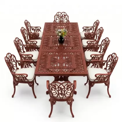 10 Kişilik alüminyum döküm masa sandalye takımı ferforje metal set Renk Kiremit Kırmızı