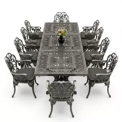 10 Kişilik alüminyum döküm masa sandalye takımı ferforje metal set Renk Silver Gümüş