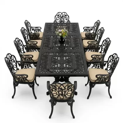 10 Kişilik alüminyum döküm masa sandalye takımı ferforje metal set Renk Siyah