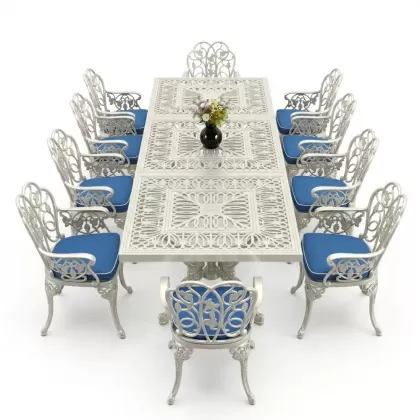 10 Kişilik alüminyum döküm masa sandalye takımı ferforje metal set Renk Beyaz