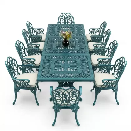 10 Kişilik alüminyum döküm masa sandalye takımı ferforje metal set Renk Turkuaz