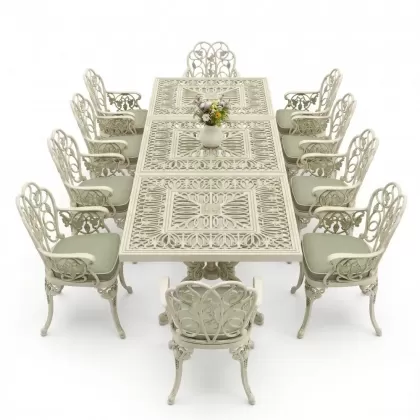 10 Kişilik alüminyum döküm masa sandalye takımı ferforje metal set Renk Yeşil Patina