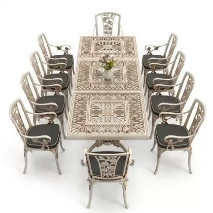 10 Kişilik alüminyum döküm masa sandalye takımı ferforje metal set Renk Beyaz Eskitme