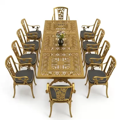 10 Kişilik alüminyum döküm masa sandalye takımı ferforje metal set Renk Gold Altın