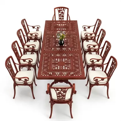 10 Kişilik alüminyum döküm masa sandalye takımı ferforje metal set Renk Kiremit Kırmızı