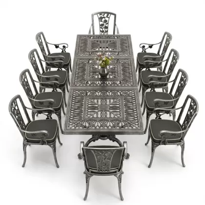 10 Kişilik alüminyum döküm masa sandalye takımı ferforje metal set Renk Silver Gümüş