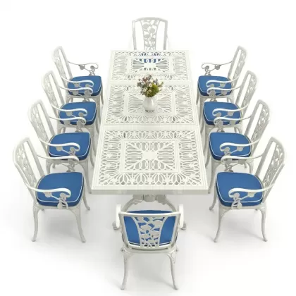 10 Kişilik alüminyum döküm masa sandalye takımı ferforje metal set Renk Beyaz