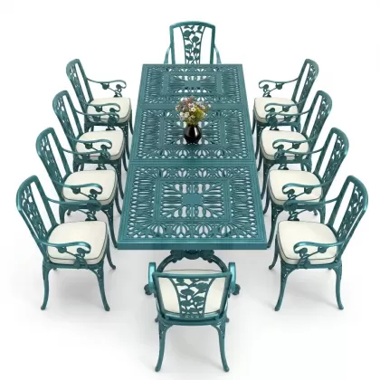 10 Kişilik alüminyum döküm masa sandalye takımı ferforje metal set Renk Turkuaz