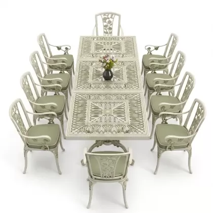 10 Kişilik alüminyum döküm masa sandalye takımı ferforje metal set Renk Yeşil Patina