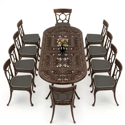 10 Kişilik alüminyum döküm masa sandalye takımı ferforje metal set Renk Bakır Eskitme