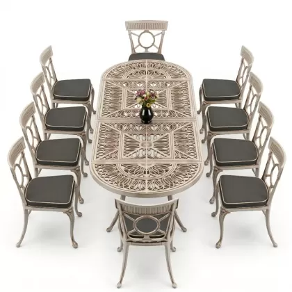 10 Kişilik alüminyum döküm masa sandalye takımı ferforje metal set Renk Beyaz Eskitme
