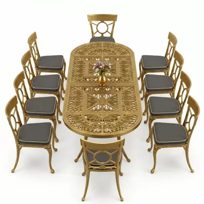 10 Kişilik alüminyum döküm masa sandalye takımı ferforje metal set Renk Gold Altın
