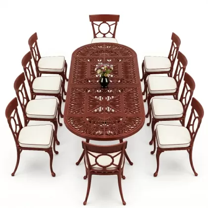 10 Kişilik alüminyum döküm masa sandalye takımı ferforje metal set Renk Kiremit Kırmızı