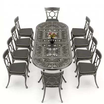 10 Kişilik alüminyum döküm masa sandalye takımı ferforje metal set Renk Silver Gümüş