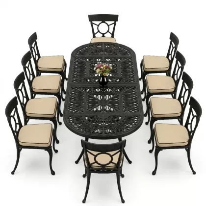 10 Kişilik alüminyum döküm masa sandalye takımı ferforje metal set Renk Siyah