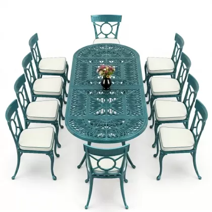 10 Kişilik alüminyum döküm masa sandalye takımı ferforje metal set Renk Turkuaz