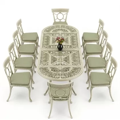 10 Kişilik alüminyum döküm masa sandalye takımı ferforje metal set Renk Yeşil Patina