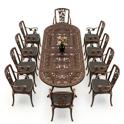 10 Kişilik alüminyum döküm masa sandalye takımı ferforje metal set Renk Bakır Eskitme