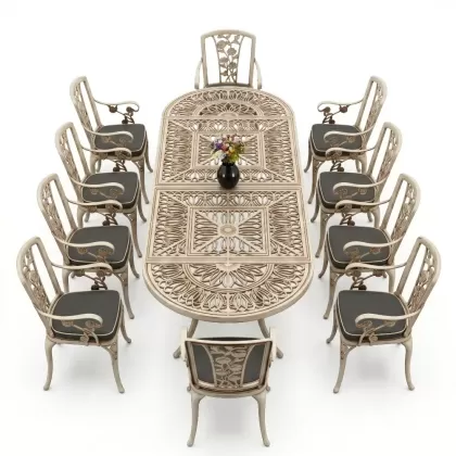 10 Kişilik alüminyum döküm masa sandalye takımı ferforje metal set Renk Beyaz Eskitme