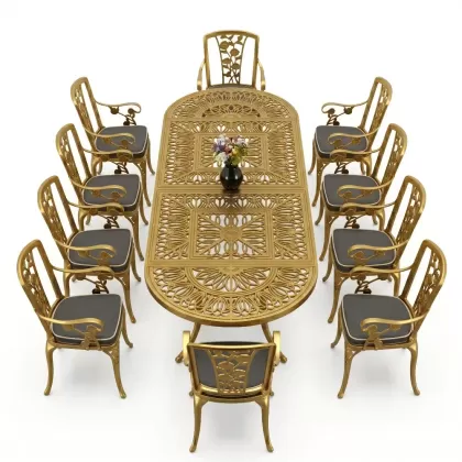 10 Kişilik alüminyum döküm masa sandalye takımı ferforje metal set Renk Gold Altın