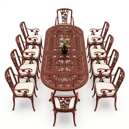 10 Kişilik alüminyum döküm masa sandalye takımı ferforje metal set Renk Kiremit Kırmızı