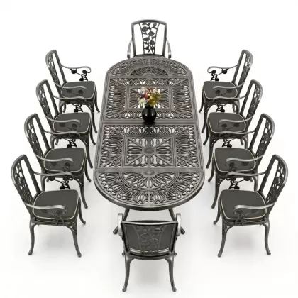 10 Kişilik alüminyum döküm masa sandalye takımı ferforje metal set Renk Silver Gümüş