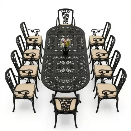 10 Kişilik alüminyum döküm masa sandalye takımı ferforje metal set Renk Siyah