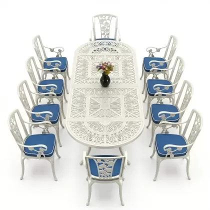 10 Kişilik alüminyum döküm masa sandalye takımı ferforje metal set Renk Beyaz