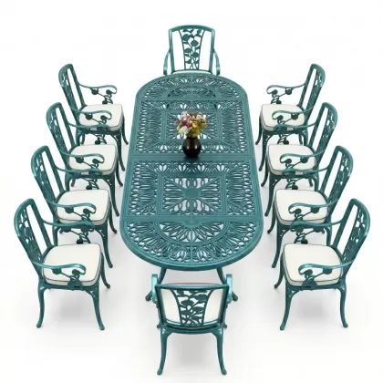 10 Kişilik alüminyum döküm masa sandalye takımı ferforje metal set Renk Turkuaz