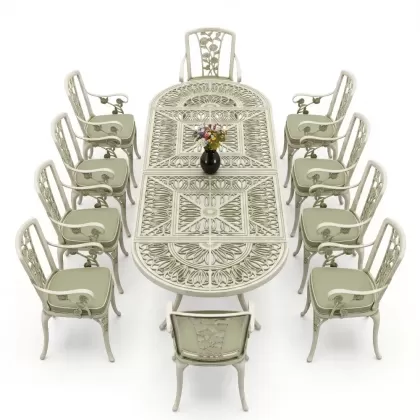 10 Kişilik alüminyum döküm masa sandalye takımı ferforje metal set Renk Yeşil Patina