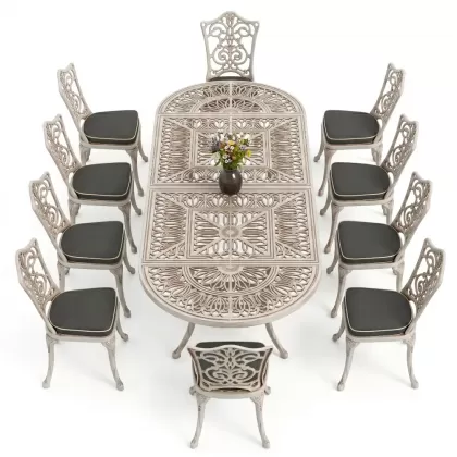 10 Kişilik alüminyum döküm masa sandalye takımı ferforje metal set Renk Beyaz Eskitme