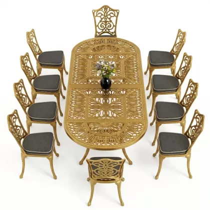 10 Kişilik alüminyum döküm masa sandalye takımı ferforje metal set Renk Gold Altın