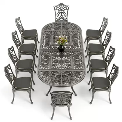 10 Kişilik alüminyum döküm masa sandalye takımı ferforje metal set Renk Silver Gümüş