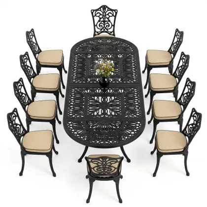 10 Kişilik alüminyum döküm masa sandalye takımı ferforje metal set Renk Siyah