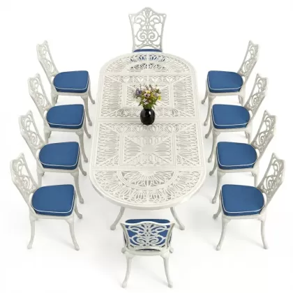 10 Kişilik alüminyum döküm masa sandalye takımı ferforje metal set Renk Beyaz