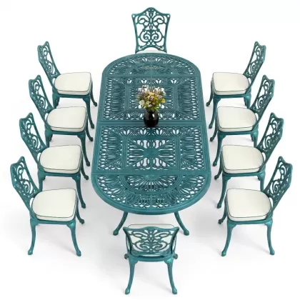 10 Kişilik alüminyum döküm masa sandalye takımı ferforje metal set Renk Turkuaz