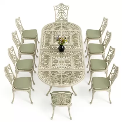 10 Kişilik alüminyum döküm masa sandalye takımı ferforje metal set Renk Yeşil Patina
