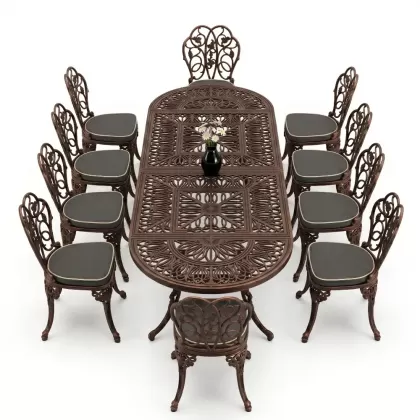 10 Kişilik alüminyum döküm masa sandalye takımı ferforje metal set Renk Bakır Eskitme