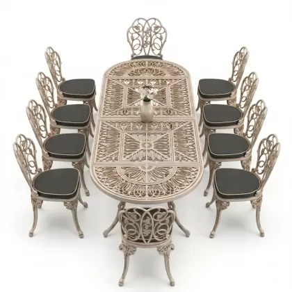 10 Kişilik alüminyum döküm masa sandalye takımı ferforje metal set Renk Beyaz Eskitme