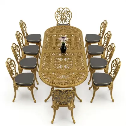 10 Kişilik alüminyum döküm masa sandalye takımı ferforje metal set Renk Gold Altın